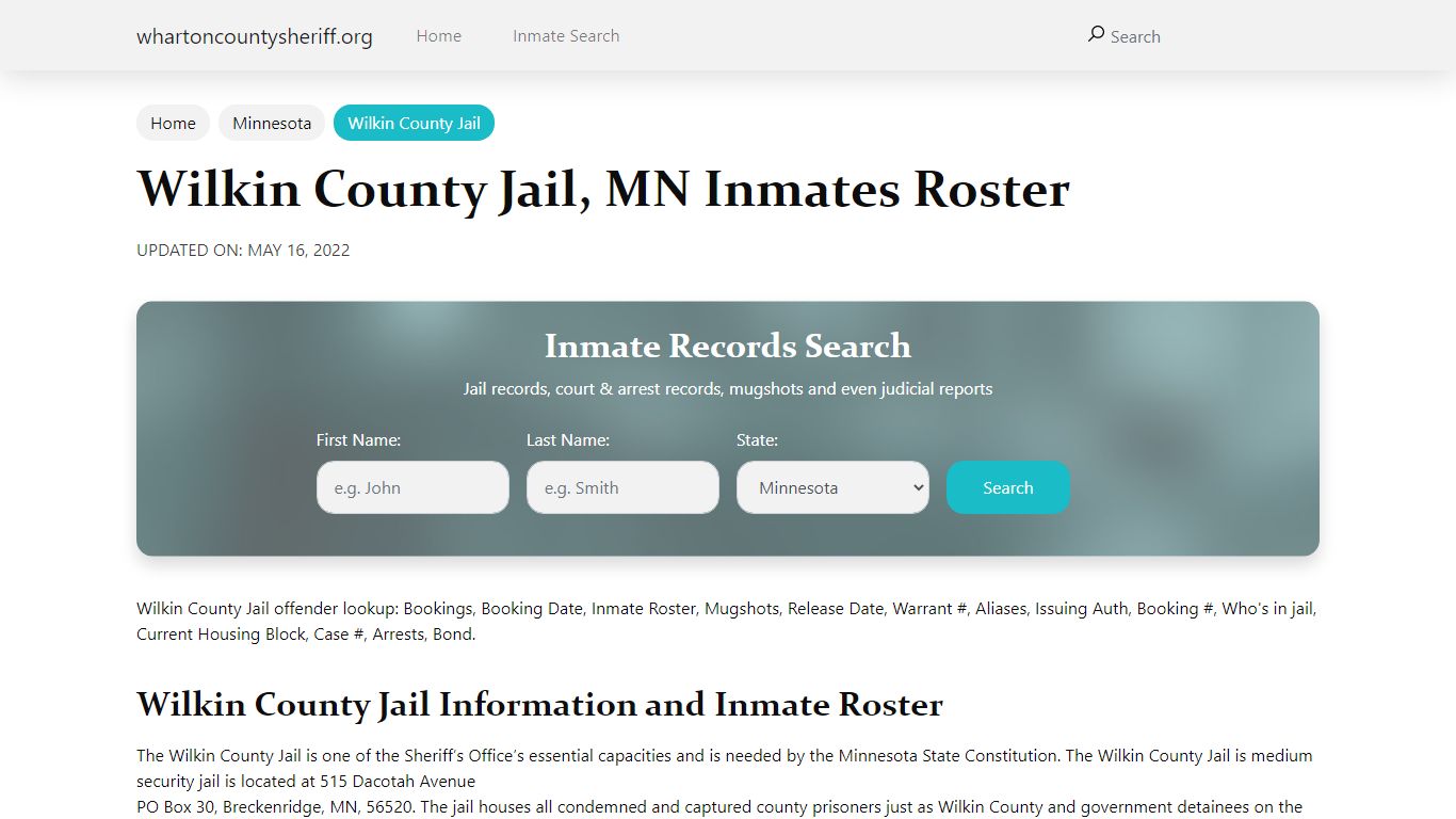 Wilkin County Jail, MN Jail Roster, Name Search